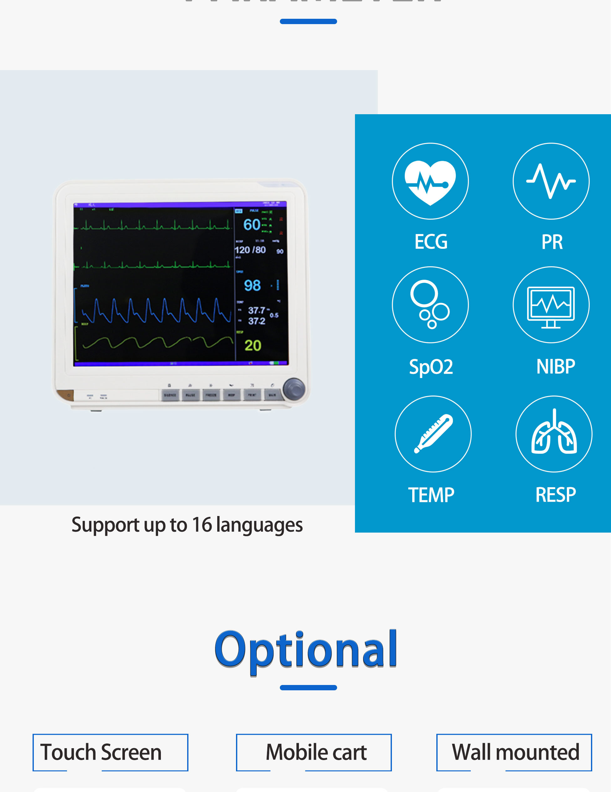 Reliable Multi Parameter Patient Monitor PM-9000 15 Inch Optional Mobile Cart