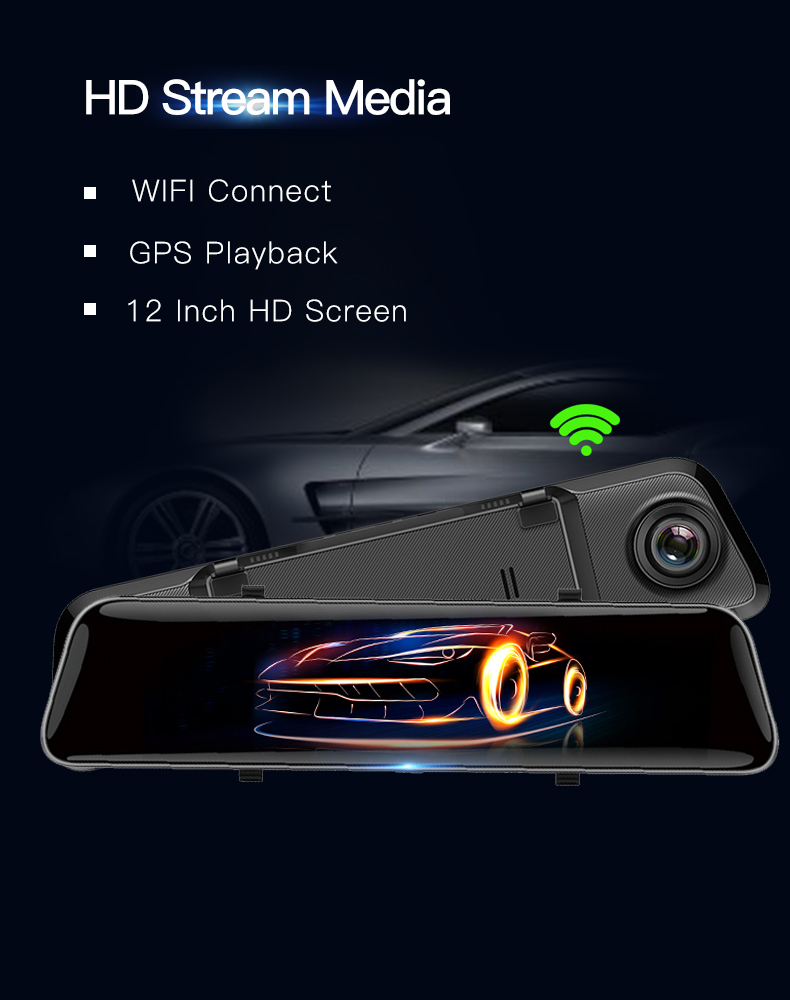 4K Wifi 12 Inch FCC RoHS Android DVR Dash Cam Dual 1080P Rearview