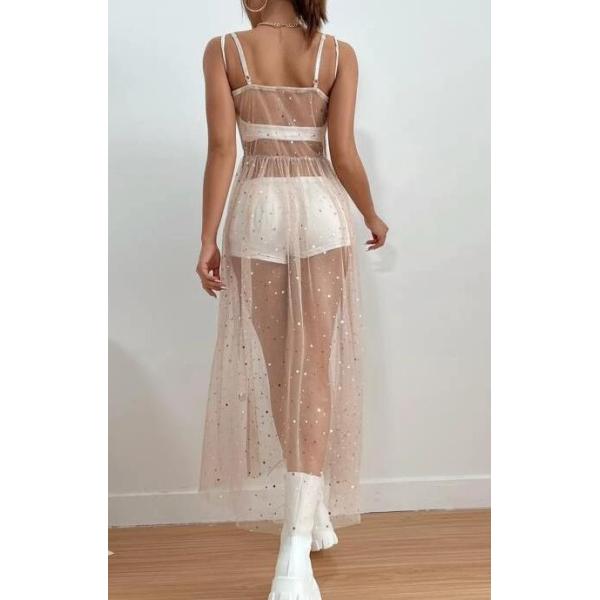 Sling Mesh Bikini Cover Up Sexy Slim Dress Sleeveless Solid Pattern