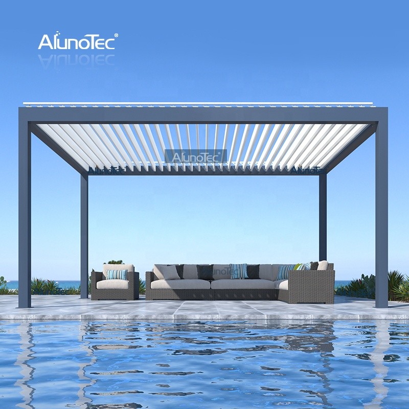 Louvered Gazebo 10x12m, Aluminum Gazebo with Adjustable Louvered Roof, Garden Gazebo with Waterproof Curtain