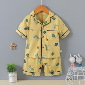 China Green Dinosaur Button Up Short Pajama Set Breathable Cardigan Soft Touch Pyjamas factory