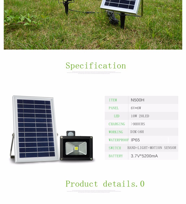 N500H 10 watt one led focus light solar power flood light led energy saving