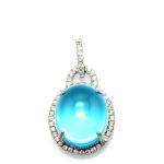 925 Sterling Silver 12x14mm Dome Blue Topaz CZ Diamonds Pendant and Silver Chain