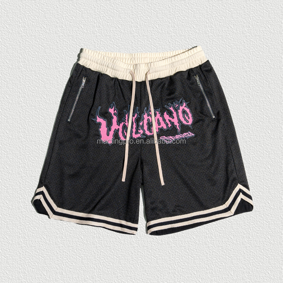 Vintage Embroidery Polyester Gym Basketball Breathable Mesh Shorts With Drawstring