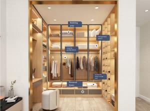 China 18mm Chipboard Walk In Closet Wardrobe With Sliding Doors Women Clothing factory