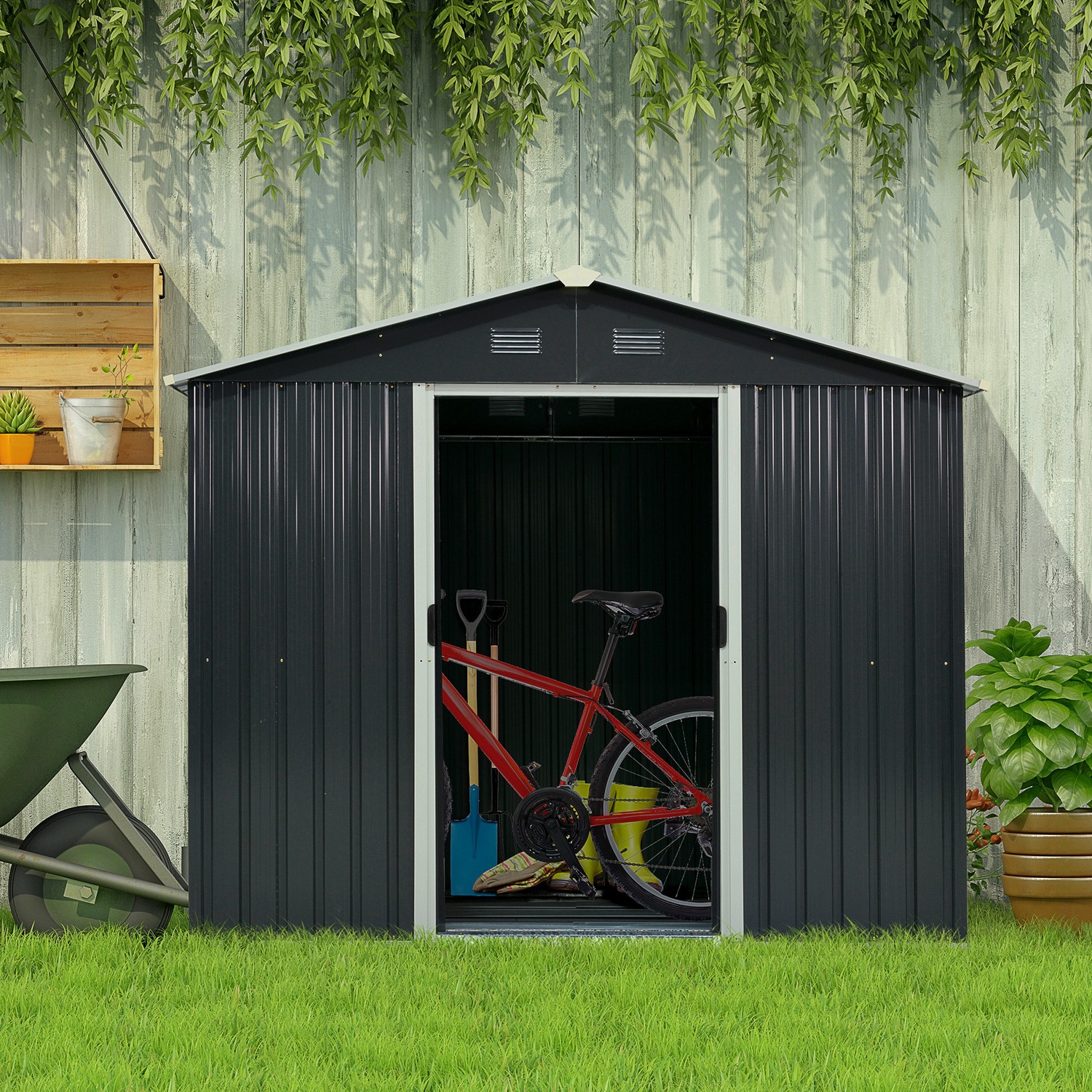 Color Steel Plate Galvanized Steel Outdoor Garden Roofed Metal Storage Shed AJUNION 8x6ft