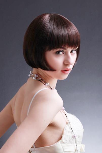 Celebrity Bobo Synthetic Human Hair Full Lace Wigs / Silky Straight Bang Brown