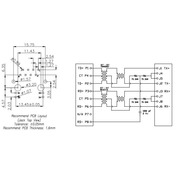 Right Angle Tab Up RJ45 Female Connector With EMI Finger For PC Card / Motherboards