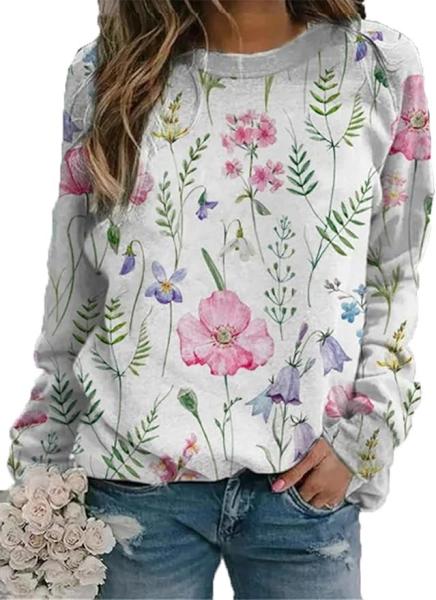 Women'S Floral Sublimation Print Sweater Loose Vintage FLower Graphic Pullover