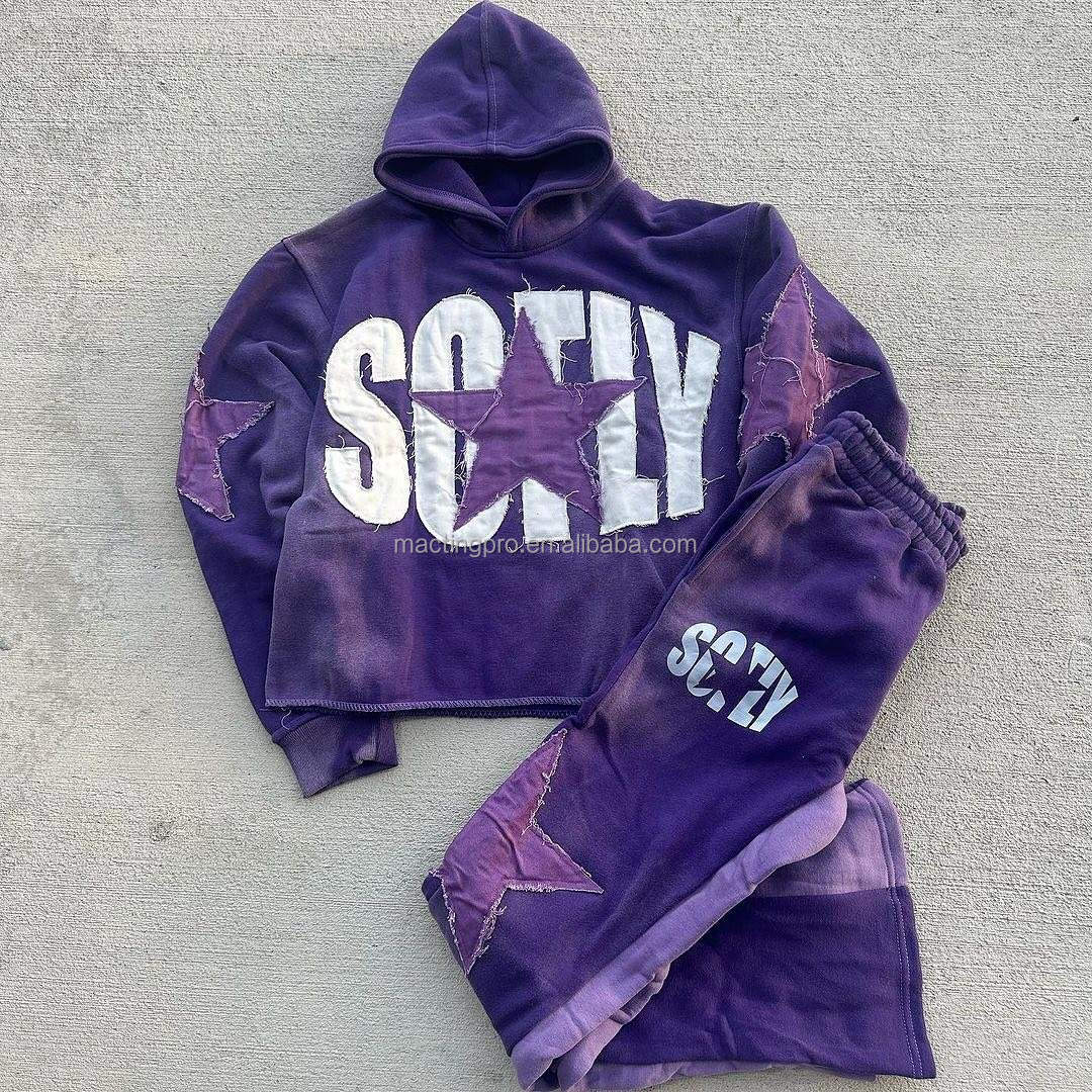 400 Grams Custom Embroidered Hoodie Set with Applique Patch and Flared Sweat Pants