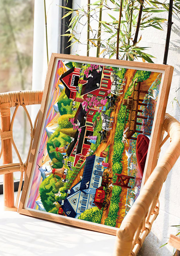 1000-Piece Jigsaw Puzzle Set Beautiful Rural Town Oil Painting Ideal Gift for Adults