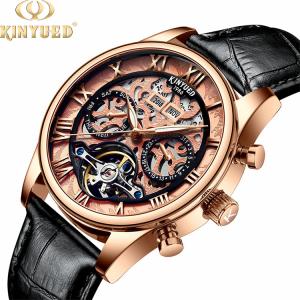 China KINYUED genuine leather tourbillon mens automatic watch skeleton mechanical watch luminous watch factory