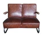 2 Seat Vintage Leather Sofas With Wood Armrest Metal Legs