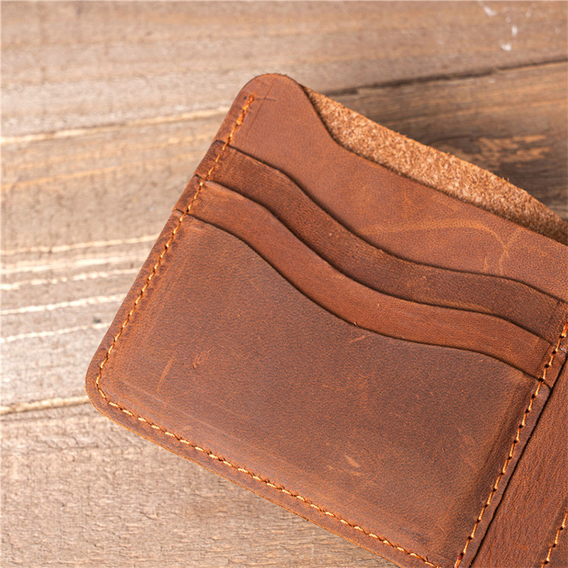 Men's Bifold Slim Coin Purse Wallet in Vintage Genuine Leather Crazy Horse Leather