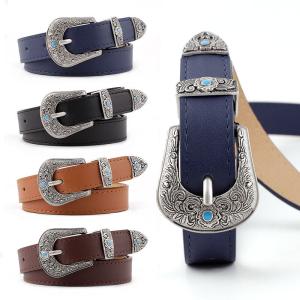 China Metal Engraved Buckle Pu Leather Belts Ladies 107cm Bohemian Style Fashion factory