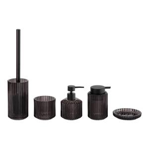 China 5pcs Glass Bathroom Accessories Set Black With Round Shape Ribbed Vertical Stripe factory