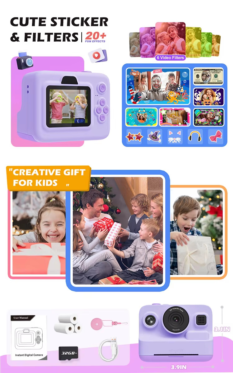 Mini Printer Portable Thermal Digital Children Photo Kids Camera Video Toy Gifts