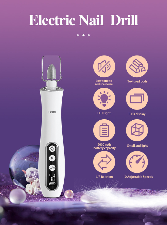 Electric Manicure Pedicure Set 10 Level Speed Low Noise USB Charging LED Display Electric Nail Drill