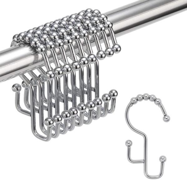 Double Shower Curtain Rings Stainless Steel Rustproof Metal Hooks for Bathroom