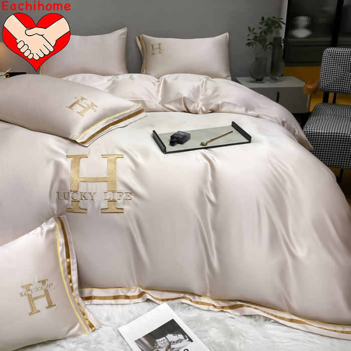 Customized HOT SEAL H Embroidered Washed Silk Four Pieces Bedding Set for All-Season