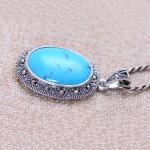 Women Vintage Necklace Sterling Silver Oval Turquoise Marcasite Charm Pendant
