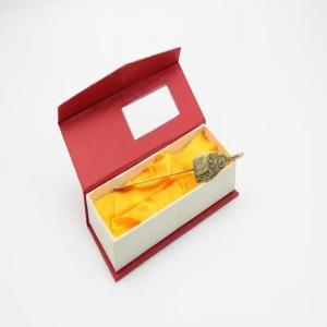 China custom red bookmark gift box with silk cloth hinged rigid bookmark box with window factory
