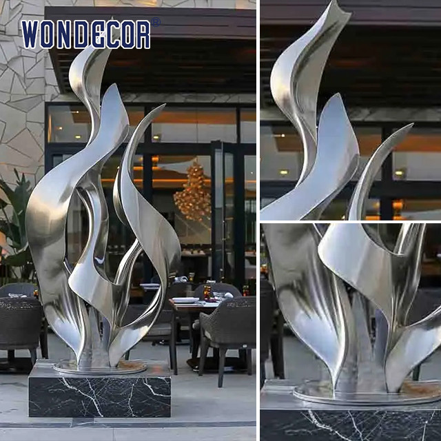 Large outdoor hotel gate forged metal abstract ribbon stainless steel sculpture