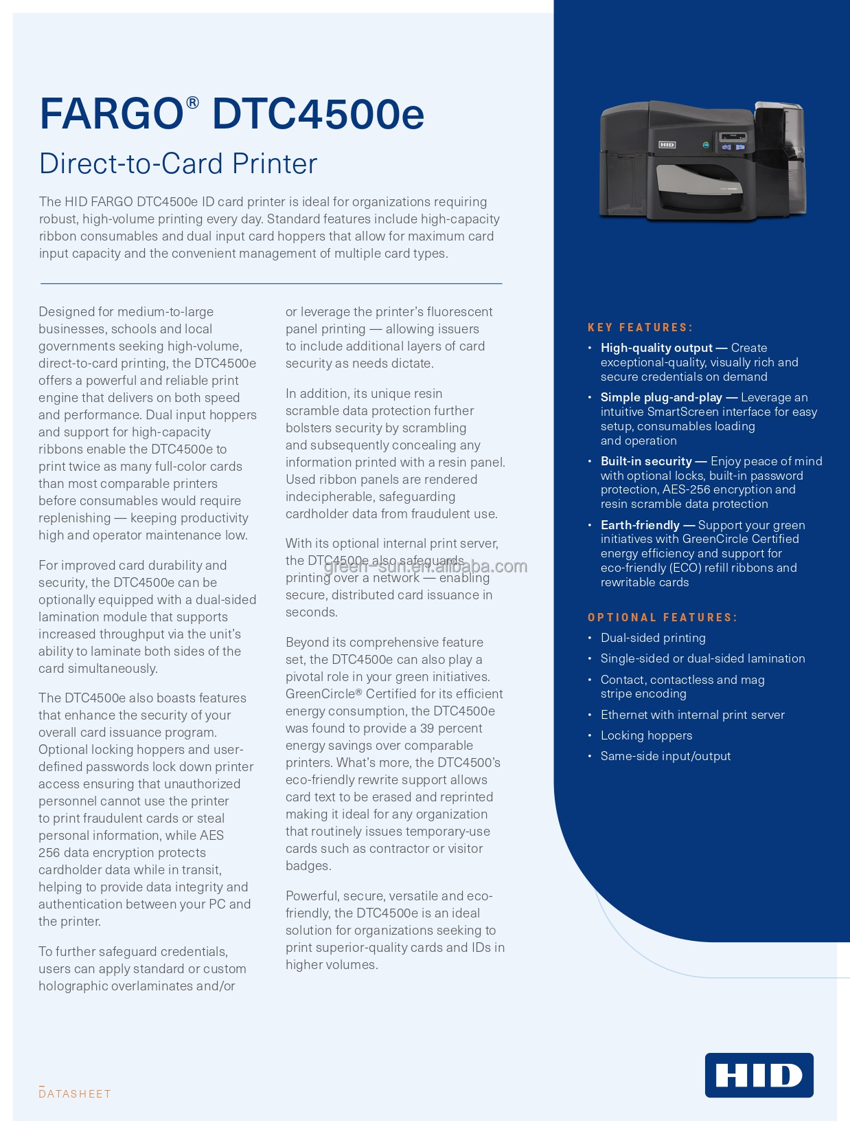 Single/Dual Sided Print Method HID Fargo DTC4250e ID Card Printer 300dpi Max. Resolution