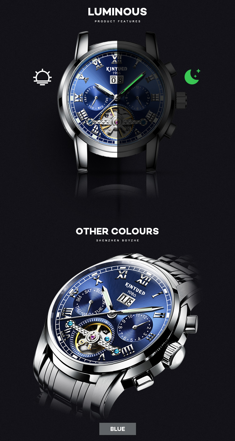 KINYUED Distinctive Style Tourbillon Automatic Movement Watches Waterproof Luminous Business OEM Wristwatches