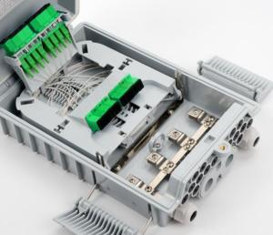 China Joint Box Fiber Optic Outdoor Wall Ftth 2 Inlet+Mid-Span Port ,16 Outlet For Drop Cables factory