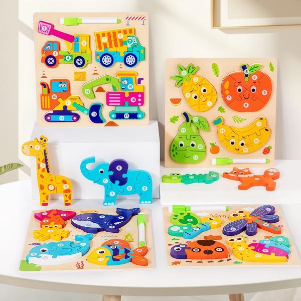 China Montessori 4-in-1 Children's Wooden 3d Puzzle Early Education Cartoon Jigsaw With Drawing Board Certified En71 Games for Boys factory