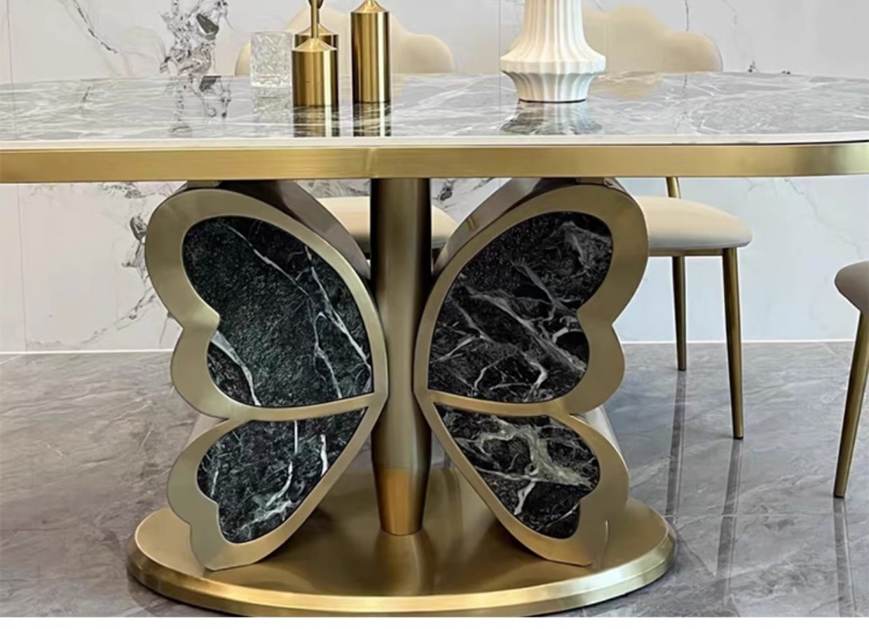 Fashionable Hotel Restaurant Furniture Marble Butterfly Shape Metal Base Dining Table