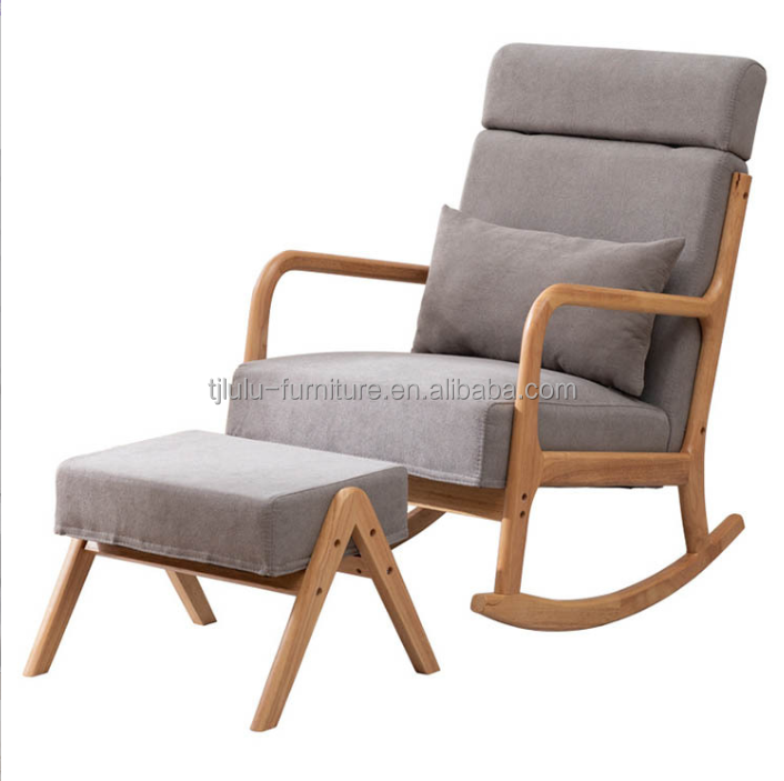 Stylish Living Room Furniture Upholstered Wood Rocking Chair and Stool for Relaxing
