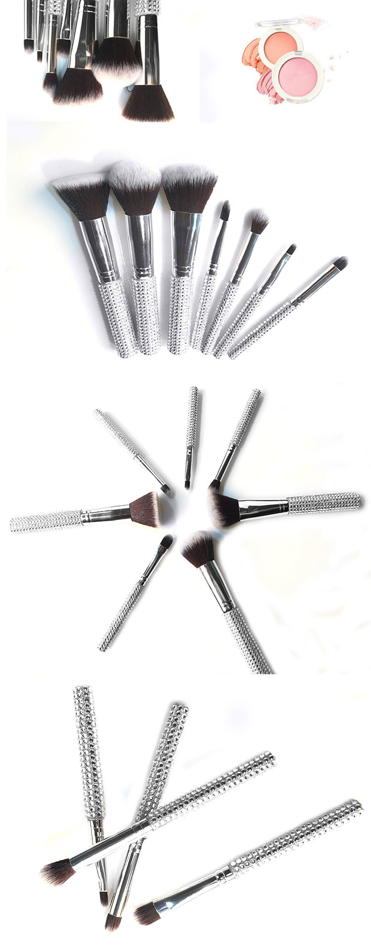 Bling Bling Travel Makeup Brushes , Rhinestone 7 Pcs Face Makeup Brush Set