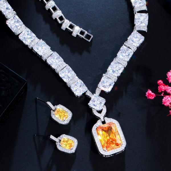 Square Shaped Pendant Necklace with Dazzling CZ Fashion Necklace Bracele Earring