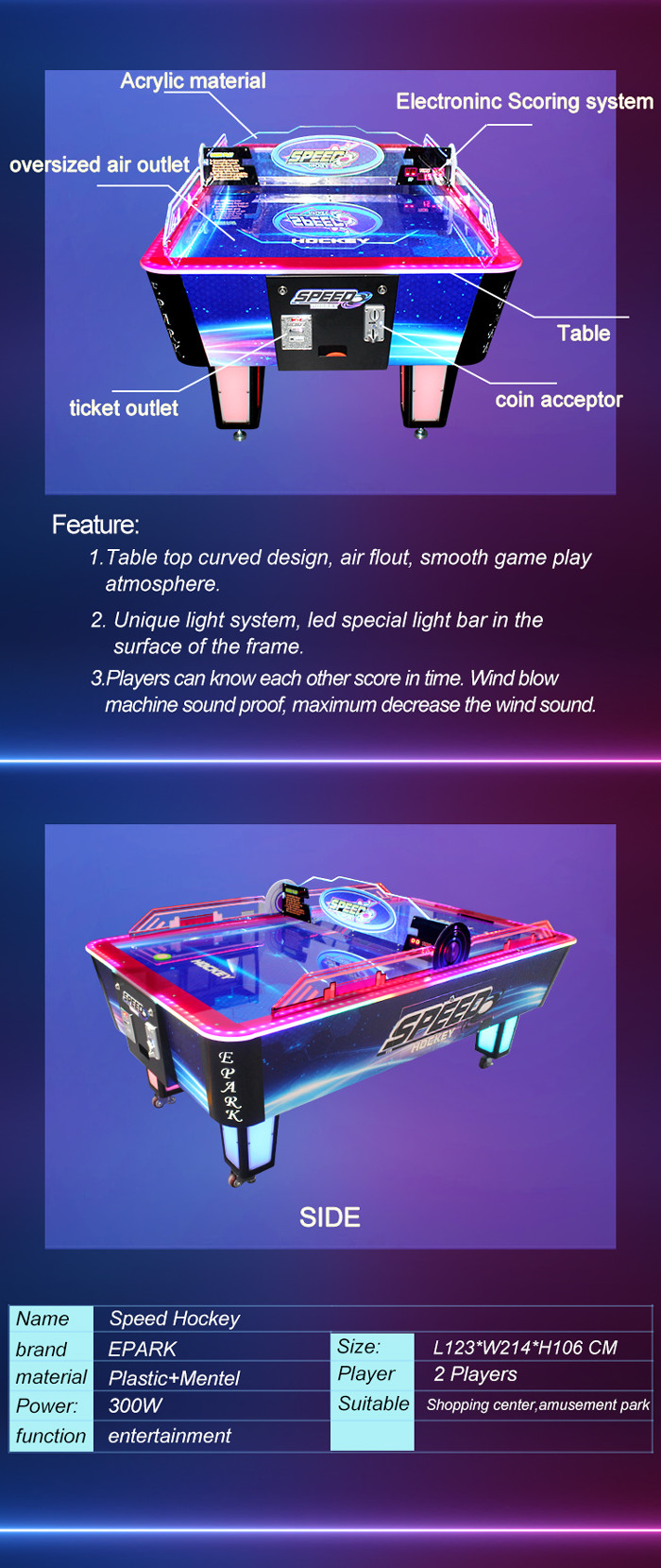 Fantasy Air Hockey table / Indoor Sports Arcade Electronic Desktop Coin Operated Hockey Game machine For Mall