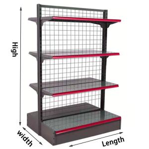 China Metallic Mesh Back Gondola Shelving Cold Rolled Steel Rack Supermarket Shelf factory