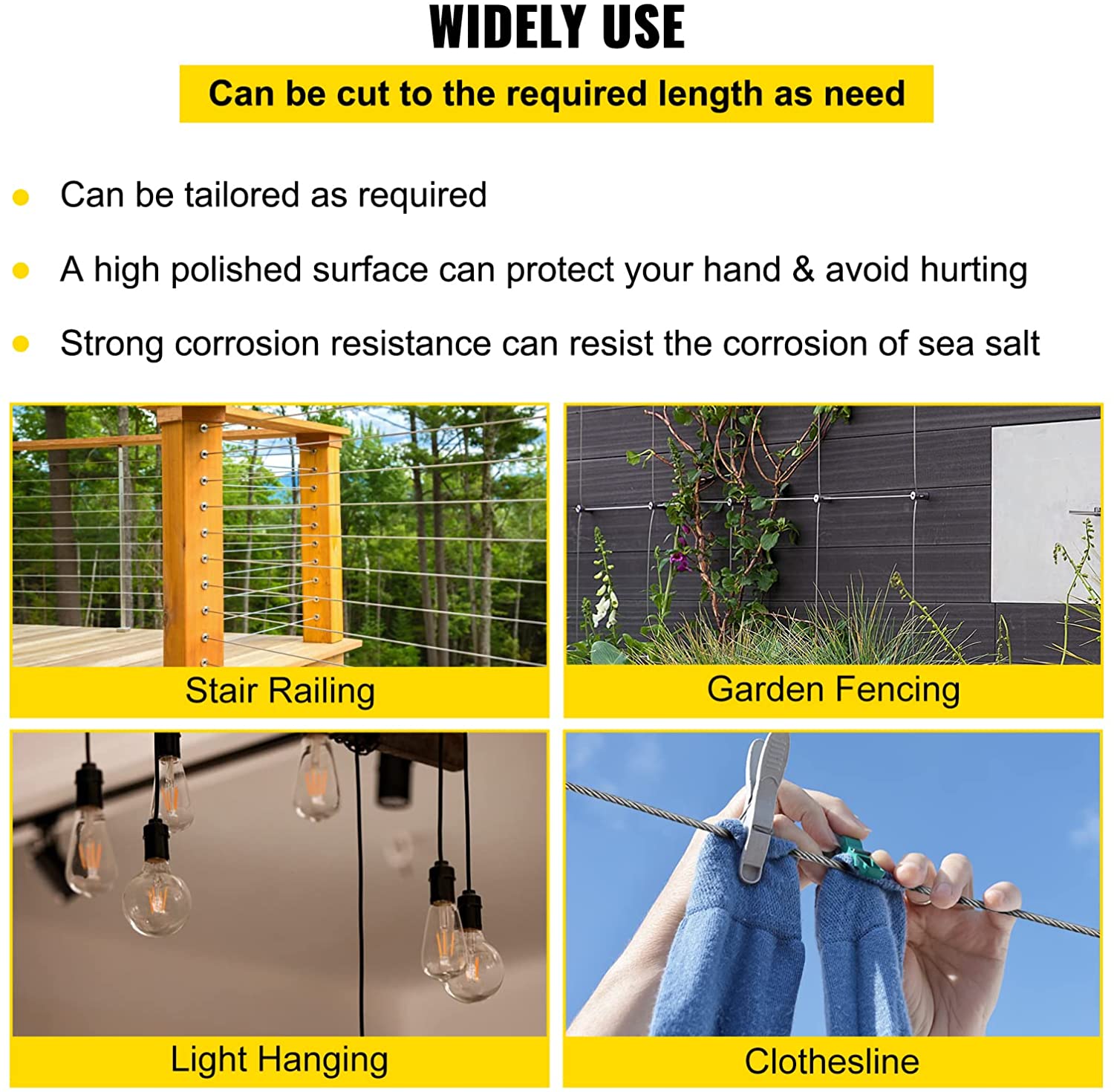 Customizable T316 Stainless Steel Wire Rope 1/8'' 500ft 1x19 Strands Core 2100 lbs Breaking Strength for Railing Decking