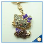 Custom Fashion Rhinestone Animal Metal Cute Cat Key Ring Three Color For Sale
