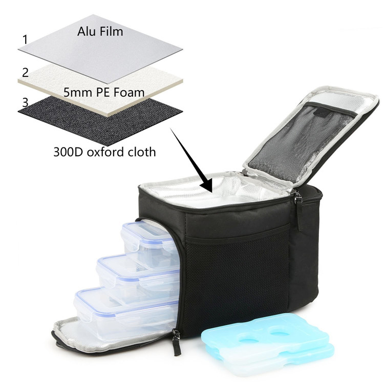 Aluminum Foil 6 Can Cooler Bags 600D Two Sided Mesh Pockets Black Color