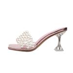7018-3 Korean Fashion Open Toe High Heels Square Toe Pearl Thin Sandals Fine