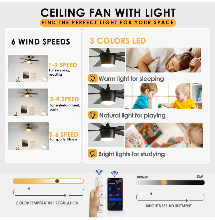 1stshine Decorative Ceiling Fan with Light 6 Speed Remote Control and 10-Year Motor