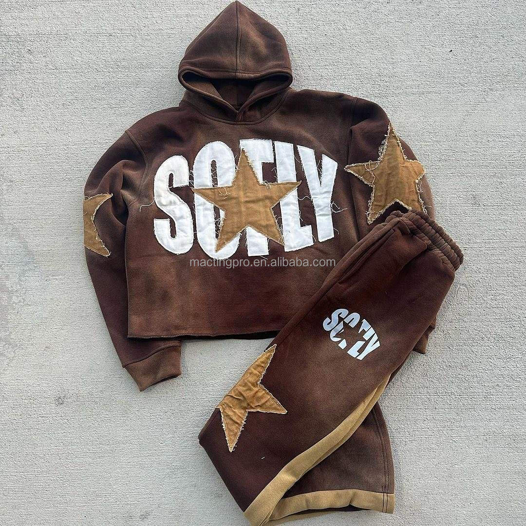 400 Grams Custom Embroidered Hoodie Set with Applique Patch and Flared Sweat Pants