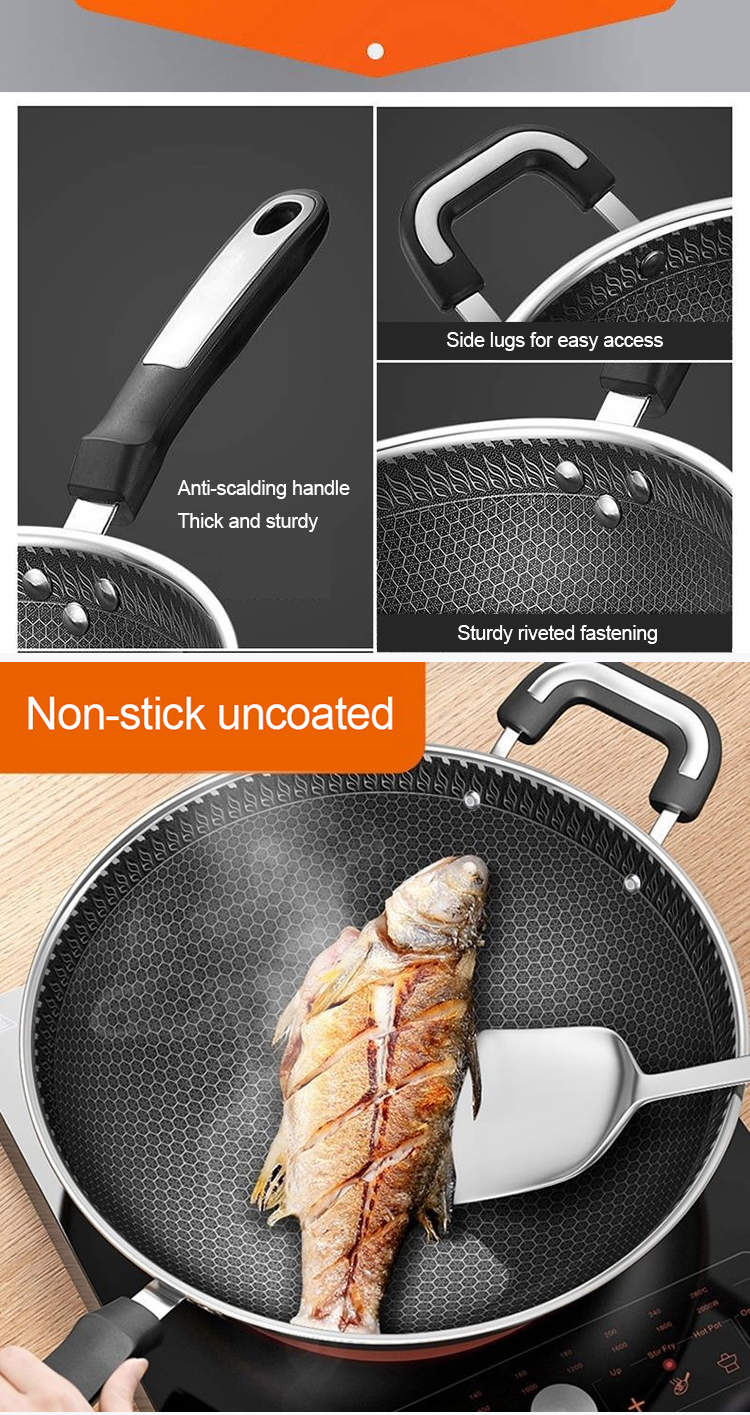 Hot Selling Kitchen 304 Stainless Steel Fry Pan Induction Bottom Honeycomb Non Stick Cooking Pan with Bakelite Handle