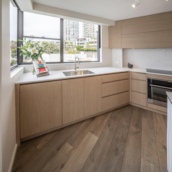 Handless Light White Wood Veneer Kitchen Cabinet Storage Cabinets