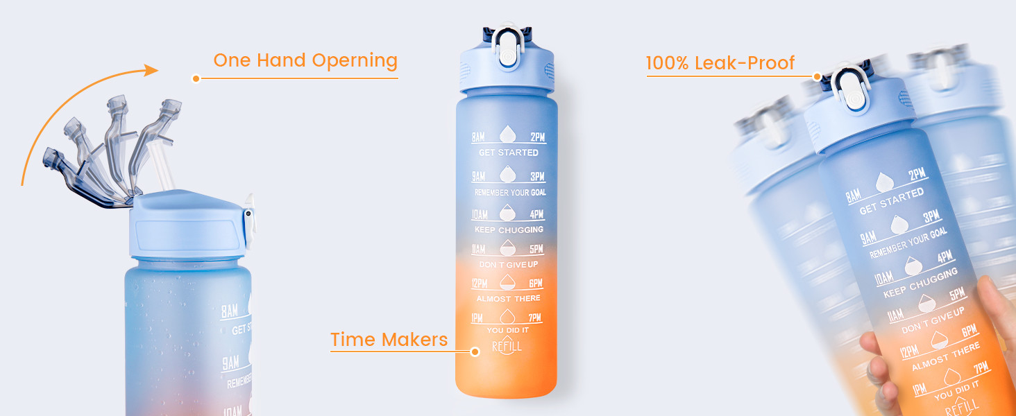 3PCS Sports Water Bottles With Straw Motivational 64oz 32oz 10oz Leakproof Half Gallon 2L Water Jugs For Sports Office Gym