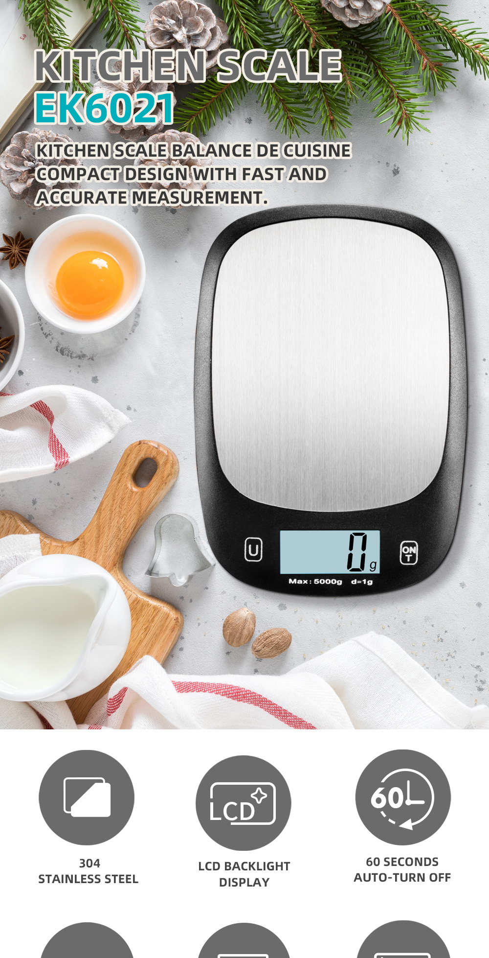 5KG Maximum Weight Recommendation Nutritional Scale Accurate Kitchen Scales Waterproof Digital Kitchen Weighing Scale