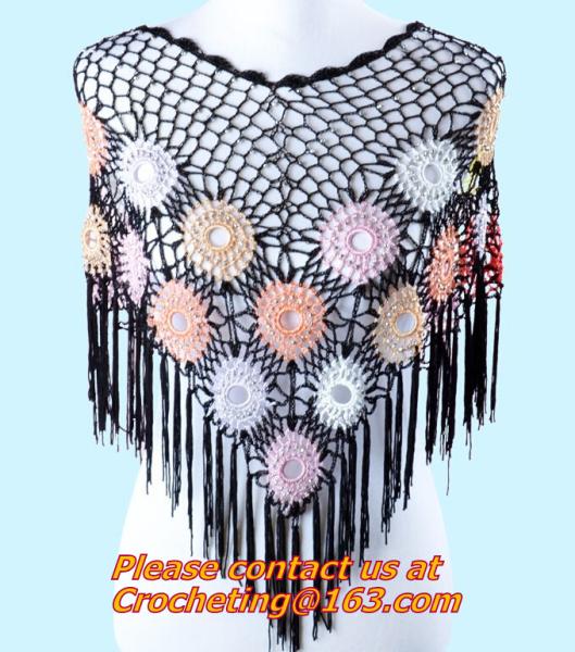 Black Fringed Shawl Wrap Crochet Beaded Scarves with tassel, Handmade, Crocheted
