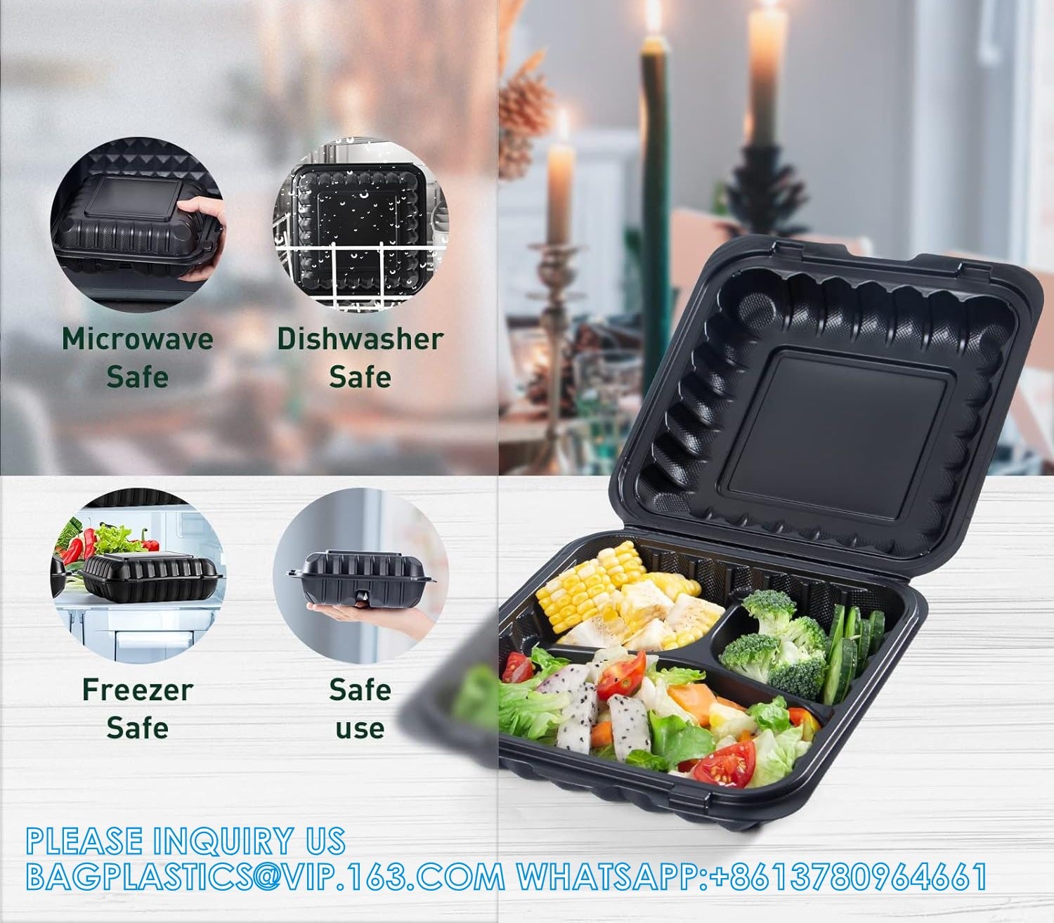 Meal Prep Containers, 65 Pack Clamshell Food Containers 7.8 Inch Black 3 Compartment To Go Containers