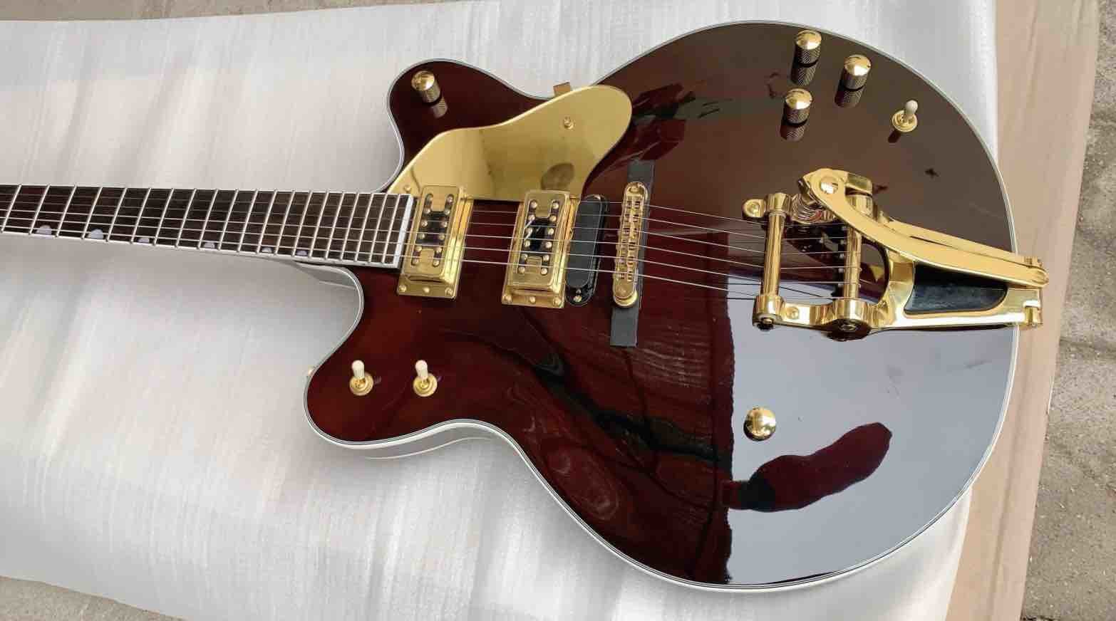 Custom made hot semi-hollow jazz electric guitar gold hardware Wine Brown